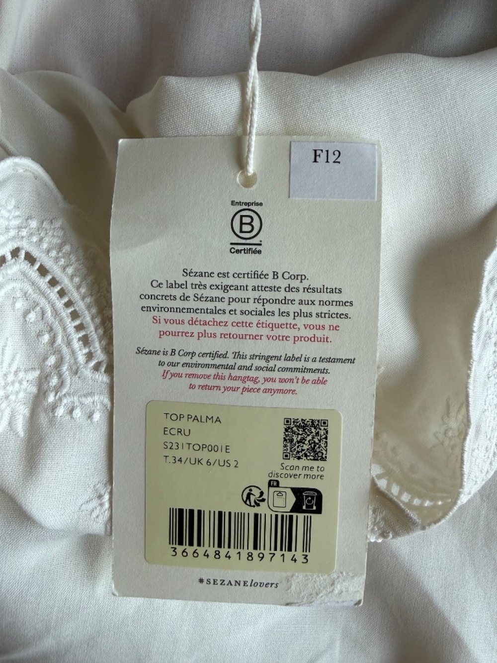 Sezane Palma Top Silk in White Size 2 - Picture 7 of 7